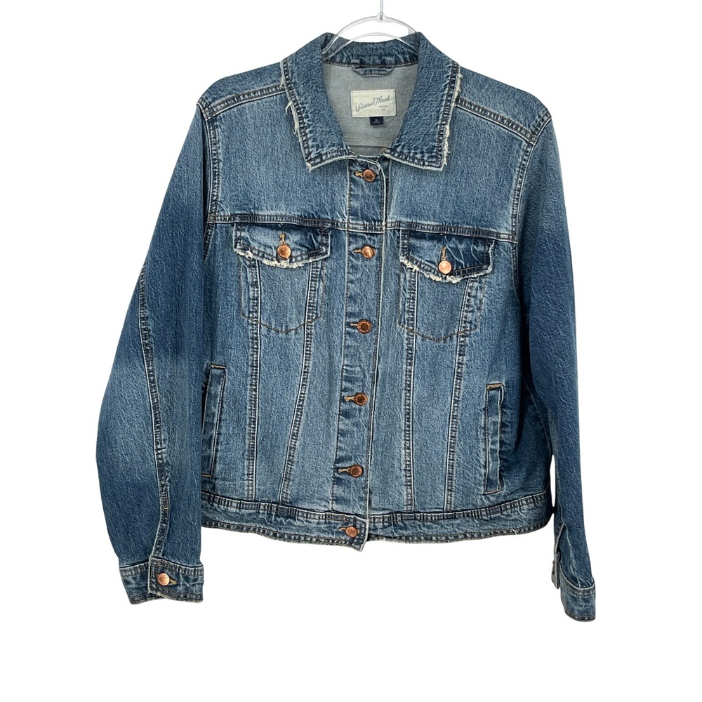 Universal Thread Womens XL Denim Trucker Jacket Medium Wash Distressed Stretch